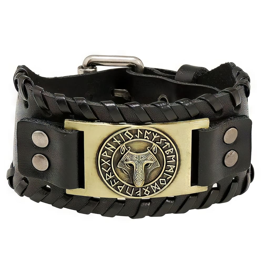 Bracelet Viking Cuir Tête de Fenrir