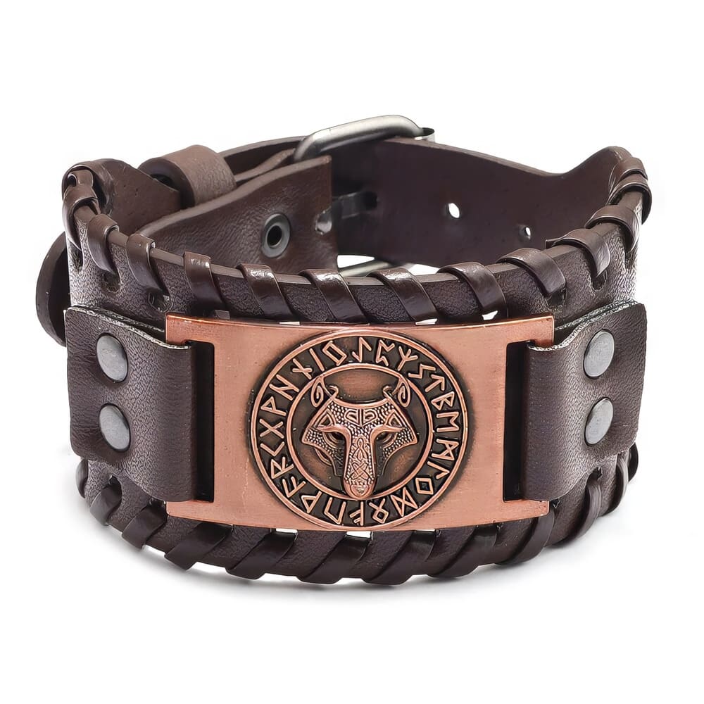 Bracelet Viking Cuir Tête de Fenrir