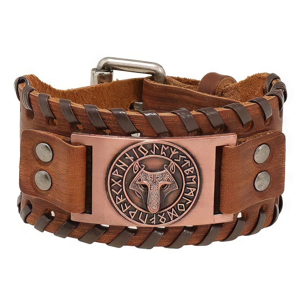 Bracelet Viking Cuir Tête de Fenrir