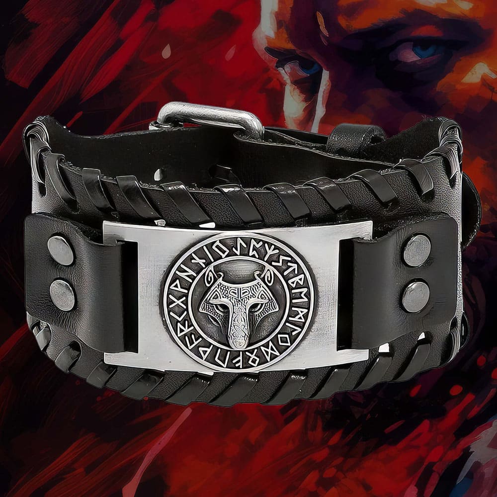 Bracelet Viking Cuir Tête de Fenrir