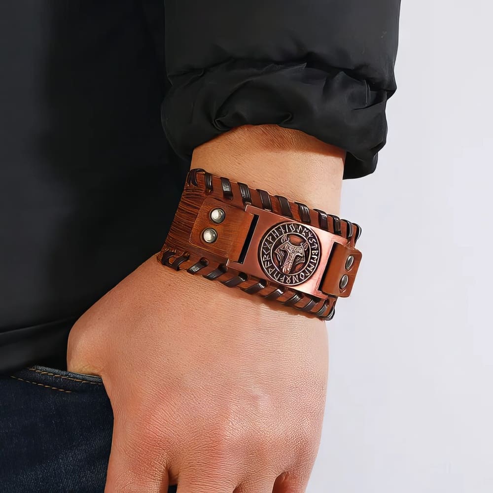 Bracelet Viking Cuir Tête de Fenrir