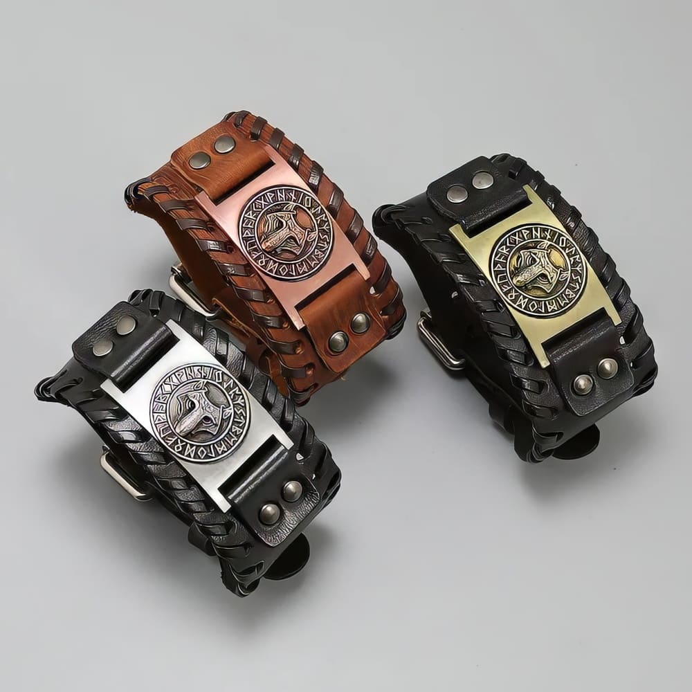 Bracelet Viking Cuir Tête de Fenrir