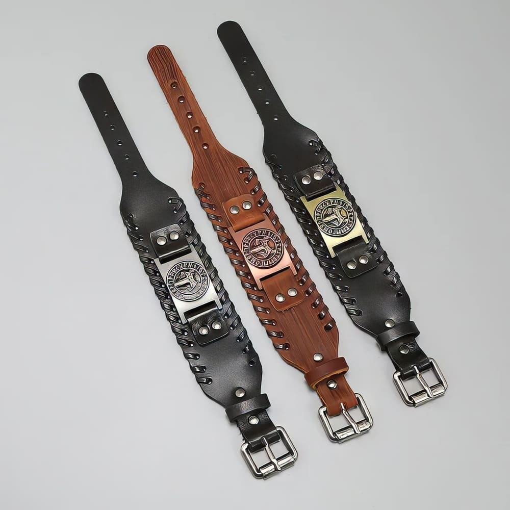 Bracelet Viking Cuir Tête de Fenrir
