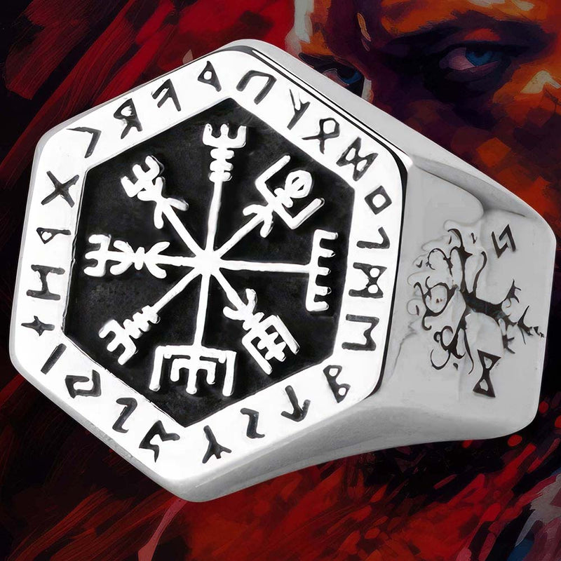 Bague Compas de Vegvisir & Runes [Acier]