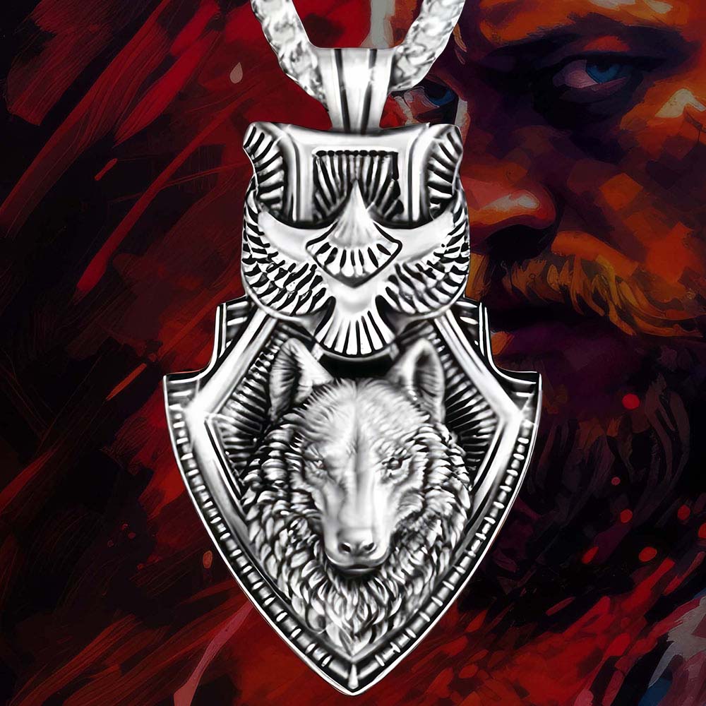 Collier Homme - Tête de Loup et Corbeau