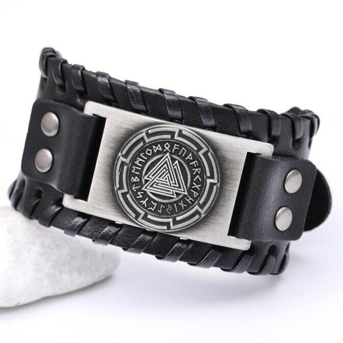 Bracelet Valknut et Runes en Cuir