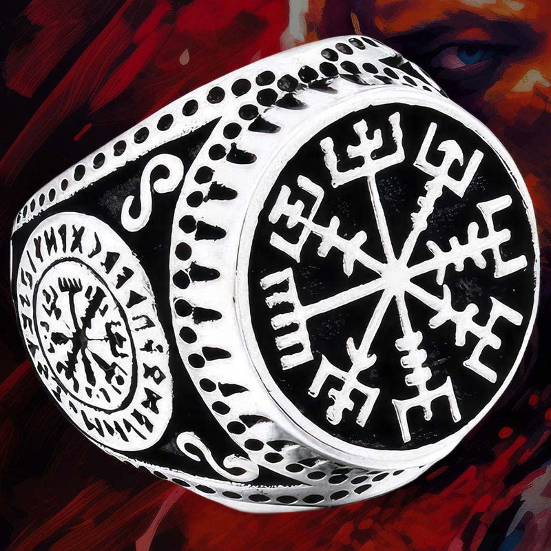 Bague Symboles Nordiques - Vegvisir & Runes [Acier]