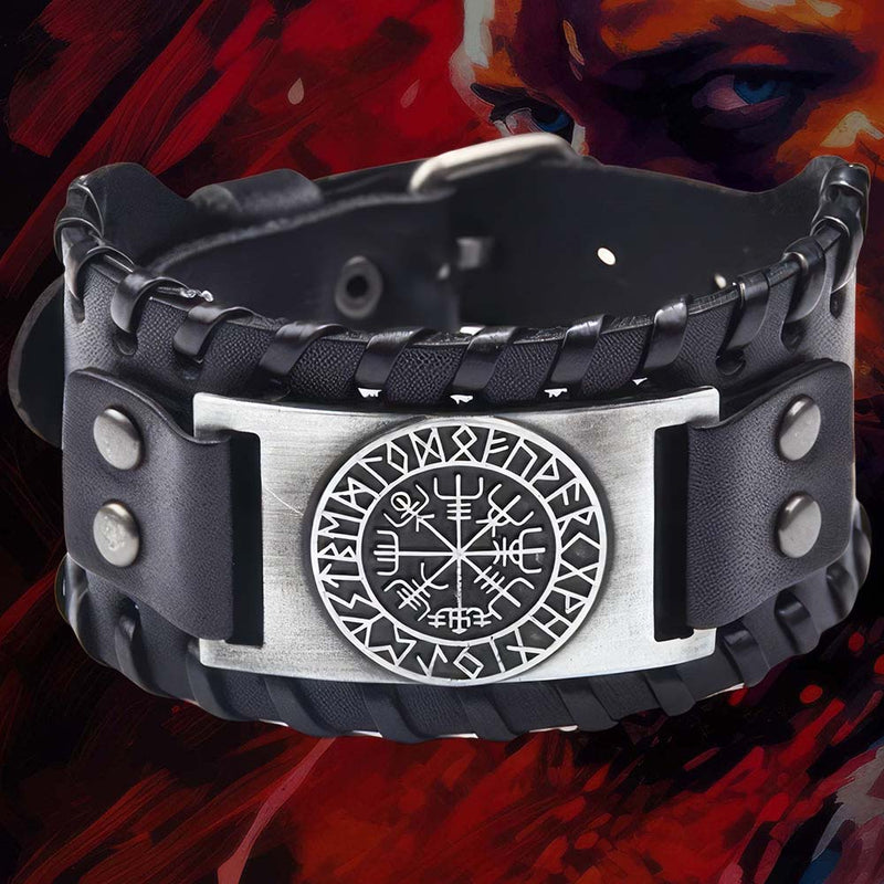 Bracelet de Force Celtique - Vegvisir et Runes [Cuir]