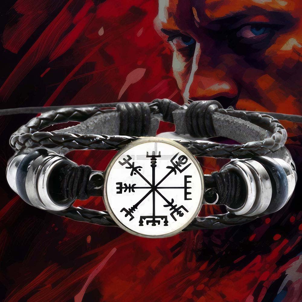 Bracelet Compas Viking - Blanc & Noir [Cuir]