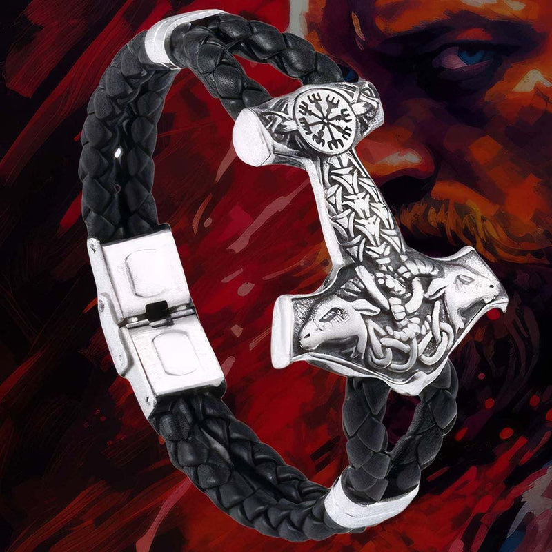 Bracelet Mjöllnir Viking - Têtes de Boucs [Cuir]