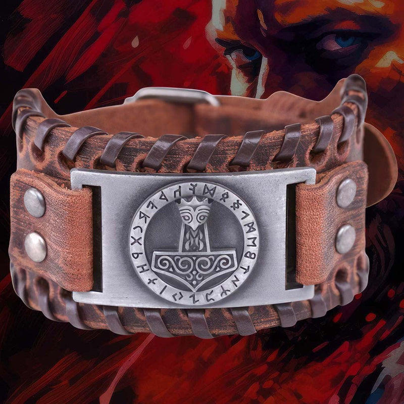 Bracelet Viking - Mjöllnir & Runes [Cuir]