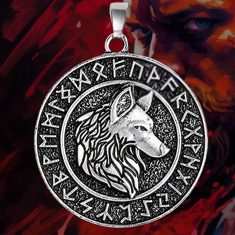 Pendentif Tête de Loup et Runes Nordiques